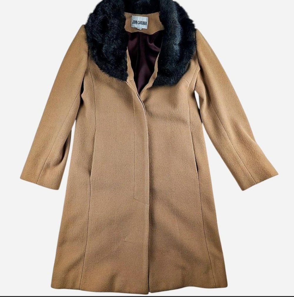 John Caruana Women's vintage tan brown‎ wool coat with faux fur collar size 6